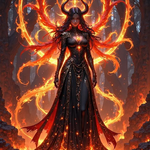 Prompt: beautiful fire goddess with long red flaming hair, radiant black skin and golden eyes with slits and a gemstone in the middle of her forehead. wearing gorgeous elegant dress made of flames