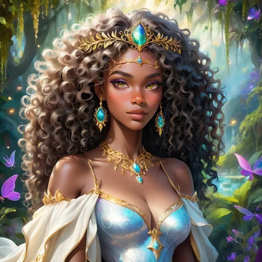 Prompt: (beautiful young black woman), vibrant fantasy style, full body, dark chocolate skin, luxurious white curly/coily hair, striking gold eyes, a diadem, magical atmosphere, enchanting light, whimsical background filled with fantastical elements, lush colors, dreamy vibe, high depth, ultra-detailed, captivating and imaginative composition.