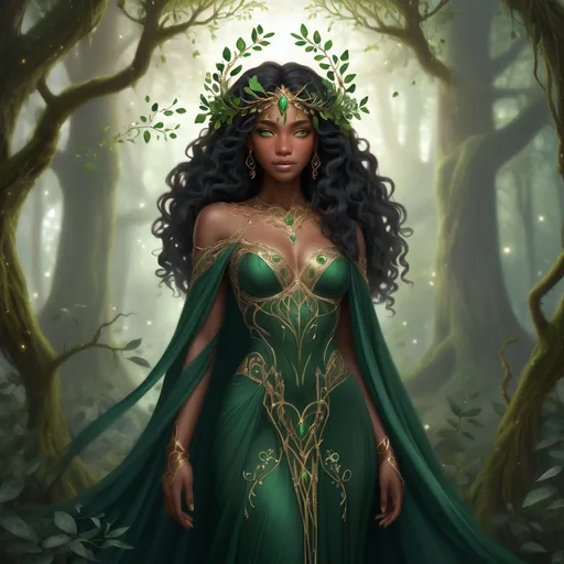 Prompt: A beautiful black woman with amber eyes wore a gown of deep forest green, simple in cut but intricately embroidered with symbols of growing things – winding vines, delicate moonpetal, and the majestic Eldorian oak. Her crown was a **delicate, interwoven circlet of polished Eldorian bronze**, shaped like twin branches reaching skyward, adorned with a single, clear river stone at its fore. pre-Raphaelite time-lapse motion blur, High resolution, detailed portrait, ethereal atmosphere,  black curly hair, dark brown skin, red lips, captivating eyes, cosmic mystical aura, vibrant colors, soft lighting, professional, digital painting, enchanting presence, fantasy, dreamy, female, mystical, detailed hair, captivating gaze, professional lighting, hyper realistic, HD 4k 3D, professional modeling, ethereal, gorgeous face, ambient divine glow, detailed and intricate, elegant, ethereal, mythical, goddess, radiant lighting,