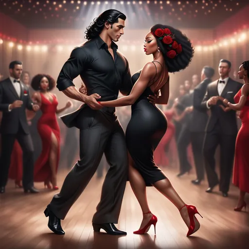 Prompt: A dashing Latino man with slick black hair dons a fitted black shirt and tailored slacks, exuding confidence as he leads a beautifully graceful black woman across the dance floor. She wears a matching black dress that flows elegantly around her as she moves, accentuated by her bold red heels and red rose in her locs. The dimly lit Argentinian-style club is alive with a warm, inviting atmosphere, where rustic wooden beams and vibrant murals hint at a rich cultural tapestry. Soft golden lights cast gentle shadows, illuminating the couple as they dance passionately, their eyes locked in a joyful connection. The vibrant sounds of the tango envelop them, transporting onlookers to a world of romance and rhythm. This scene captures the essence of life and dance in a cinematic, photorealistic style. 
