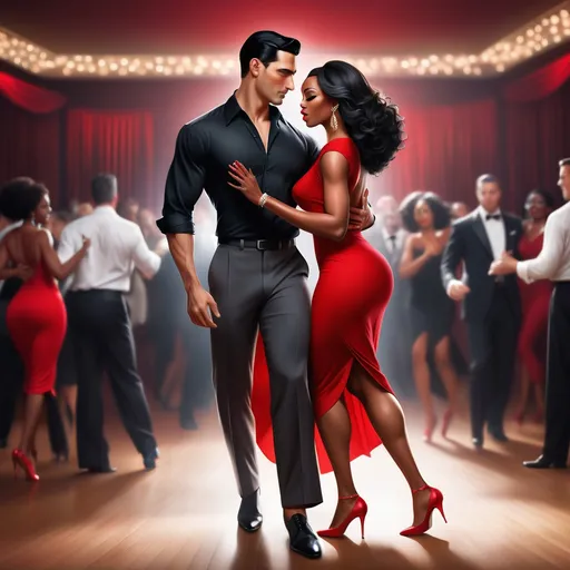 Prompt: A dashing Latino man with slick black hair dons a fitted black shirt and tailored slacks, exuding confidence as he leads a beautifully graceful black woman across the dance floor. She wears a striking red dress that flows elegantly around her as she moves, accentuated by her bold red heels. The dimly lit Argentinian-style club is alive with a warm, inviting atmosphere, where rustic wooden beams and vibrant murals hint at a rich cultural tapestry. Soft golden lights cast gentle shadows, illuminating the couple as they dance passionately, their eyes locked in a joyful connection. The vibrant sounds of the tango envelop them, transporting onlookers to a world of romance and rhythm. This scene captures the essence of life and dance in a cinematic, photorealistic style. 