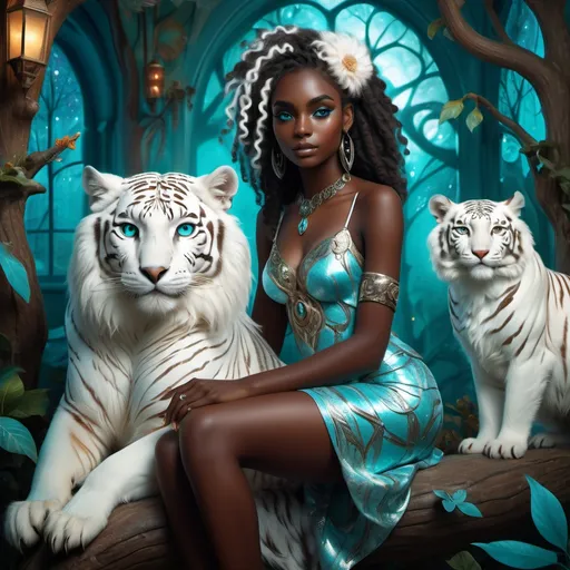 Prompt: (beautiful young black woman), full body, vibrant fantasy style, dark chocolate skin, luxurious white curly/coily hair, striking turquoise eyes, pet white owl and pet white tiger, magical atmosphere, enchanting light, whimsical background filled with fantastical elements, lush colors, dreamy vibe, high depth, ultra-detailed, captivating and imaginative composition.