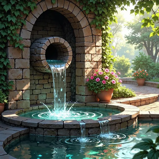 Prompt: A serene scene unfolds as clear water cascades gently from a stone spout, creating ripples in the still surface of a shallow basin below. The rustic charm of the weathered stone wall is complemented by vibrant green vines climbing alongside, while a burst of color from a potted flowering plant adds warmth to the setting. Sunlight filters through the foliage, casting dappled patterns on the smooth edges of the stone structure, hinting at a tranquil afternoon. The overall atmosphere exudes relaxation and natural beauty, reminiscent of a peaceful garden retreat, inviting one to pause and enjoy the soothing sounds of flowing water.
