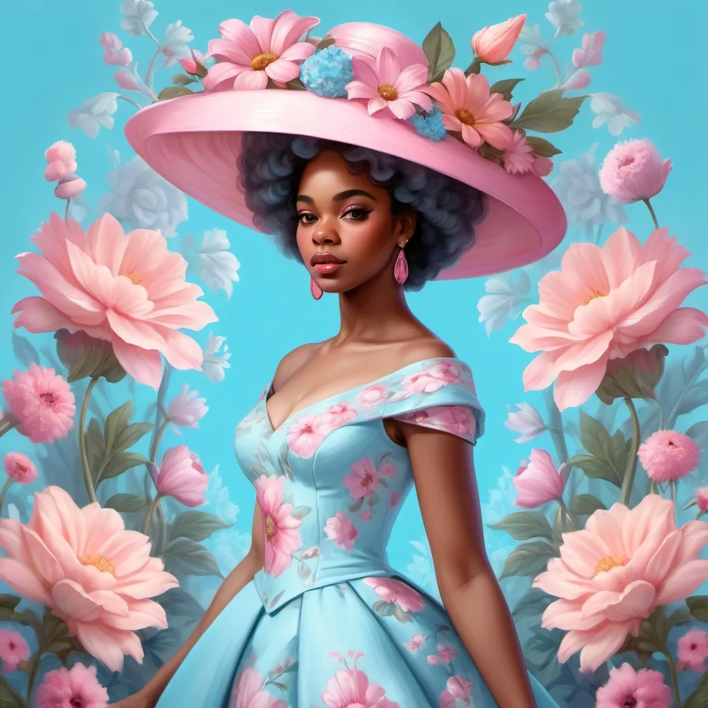 Prompt: a medium quality digital painting of a (Portrait) black woman in (exquisite) dress and hat in baby blue and pink, surrounded by flowers, vintage style, bright colors, soft light, surrealism, rear view, detailed, art, floral design, woman portrait , close-up, colorful, digital art, 4k.