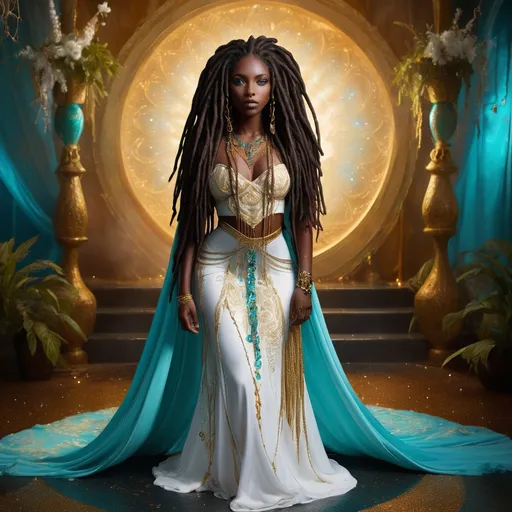 Prompt: (beautiful young black woman), vibrant fantasy style, dark chocolate skin, long luxurious black dread locs wrapped in jeweled chain, striking gold eyes, full body, her gown are flowing white & aqua and have gold embroidery, magical atmosphere, enchanting light, whimsical background filled with fantastical elements, lush colors, dreamy vibe, high depth, ultra-detailed, captivating and imaginative composition.