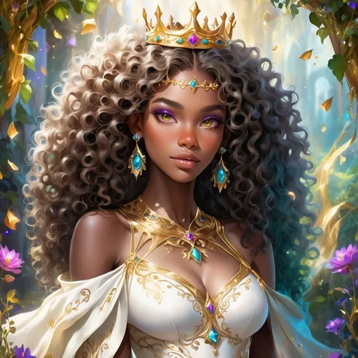 Prompt: (beautiful young black woman), vibrant fantasy style, full body, dark chocolate skin, luxurious white curly/coily hair, striking gold eyes, a crown, magical atmosphere, enchanting light, whimsical background filled with fantastical elements, lush colors, dreamy vibe, high depth, ultra-detailed, captivating and imaginative composition.