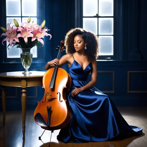 Prompt: In a very dark room a young, beautiful black woman wearing a dark blue satin dress with thin straps and long curly hair craft into an elegant hairstyle sitting on a chair playing the cello. Next to her on a round table, there is a crystal vase with a bouquet of pink lilies. The dim gold light from a window softly illuminates her casting a moody atmosphere. Dust particles float in the air and the rainbow lights dancing on the walls from sunlight reflecting from the crystal vase adding to the ethereal ambiance