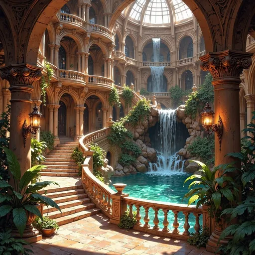 Prompt: A lush, inviting atrium unfolds before you, featuring multiple cascading waterfalls that flow over natural rock formations into a tranquil pool. Sunlight filters through expansive arched windows, illuminating the warm earthy tones of the stucco walls and the intricately designed railings that grace the winding staircase. Verdant plants thrive throughout the space, adding vibrant greenery to the rustic decor, while elegant chandeliers cast a soft glow that enhances the serene atmosphere. The combination of water sounds and rich textures creates a peaceful sanctuary that feels both luxurious and harmonious with nature, inviting exploration and relaxation.