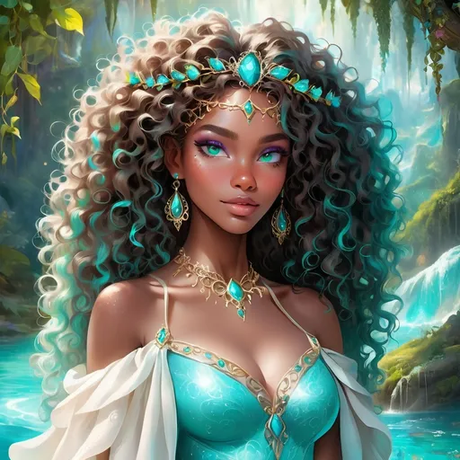 Prompt: (beautiful young black woman), vibrant fantasy style, full body, dark chocolate skin, luxurious white curly/coily hair, striking turquoise eyes, a diadem, magical atmosphere, enchanting light, whimsical background filled with fantastical elements, lush colors, dreamy vibe, high depth, ultra-detailed, captivating and imaginative composition.