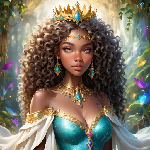 Prompt: (beautiful young black woman), vibrant fantasy style, full body, dark chocolate skin, luxurious white curly/coily hair, striking gold eyes, a crown, magical atmosphere, enchanting light, whimsical background filled with fantastical elements, lush colors, dreamy vibe, high depth, ultra-detailed, captivating and imaginative composition.