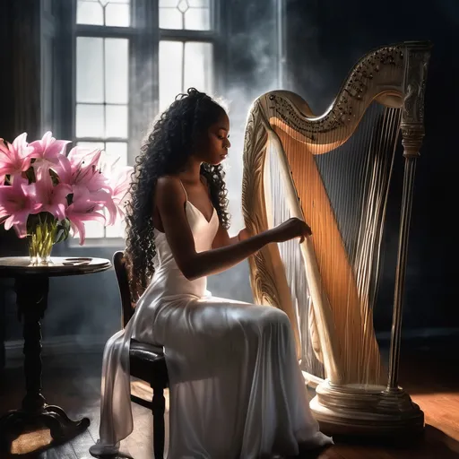 Prompt: In a very dark room, a young, beautiful black woman wearing a white satin dress with thin straps and long curly hair craft into an elegant hairstyle sitting on a chair playing the harp. Next to her on a round table, there is a crystal vase with a bouquet of pink lilies. The dim light from a window softly illuminates her casting a moody atmosphere. Dust particles float in the air and the rainbow lights dancing on the walls from sunlight reflecting from the crystal vase adding to the ethereal ambiance
