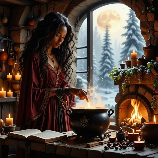Prompt: In a cozy, dimly lit kitchen, a beautiful black witch stands gracefully by a bubbling cauldron, her long, flowing burgundy robes adorned with mystical symbols rustling softly as she stirs, the color complementing her radiant deep brown skin. The warm glow of flickering candlelight and fire from the fireplace dances against the stone walls, casting enchanting shadows that animate her surroundings. Rich, earthy scents of herbs and spices fill the air, mingling with the sweetness of simmering potions. Outside the window, the moon hangs low, illuminating the gentle snowfall that blankets the world in deep tranquility. A well-worn spellbook lies open on a nearby table, its pages fluttering slightly as if alive with secrets. The scene is infused with a magical realism, rendered in a cinematic lighting style that brings every detail to life.