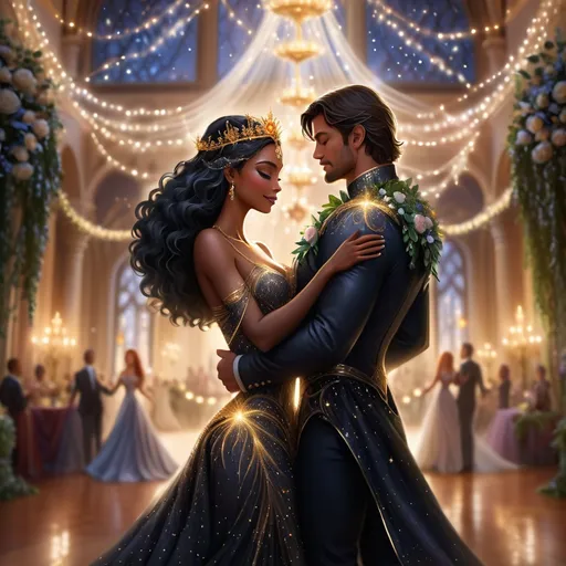 Prompt: A stunning black queen, adorned in an intricately beaded gown that shimmers like the night sky, dances gracefully with her devoted Northern King beneath a canopy of twinkling fairy lights. The atmosphere is electric, filled with warmth and joy as soft candlelight flickers around the grand hall, casting golden glows on the richly decorated walls. Surrounding them are lush floral arrangements in deep reds and purples, adding a regal touch to the scene. The queen's expression is one of serene joy, her flowing hair glowing against the gentle flames. The king, dressed in an elegant fur-lined cloak, gazes at her adoringly, their movements synchronized as if they are the very embodiment of love and unity. The scene is captured in a cinematic, romantic style, emphasizing the deep emotions of this magical moment.