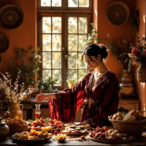 Prompt: In a sun-drenched, old-fashioned Middle Eastern kitchen, a poised black gentlewoman prepares to enjoy a small feast set before her on a rustic wooden table. The walls, painted in warm terracotta hues, are adorned with woven baskets and dried herbs, while sunlight pours in through a dusty window, casting soft, golden rays that illuminate her graceful figure. She wears a flowing, elegant dress, its deep burgundy folds highlighted by the light. Her expression is one of serene anticipation as she gently touches the vibrant array of fresh fruits, crusty bread, succulent meats and fragrant cheeses with a pitcher of wine. The faint sound of birds chirping outside adds a harmonious backdrop to this intimate setting. The scene captures a moment of calm luxury, perfect for a cinematic lighting style that enhances the warmth and texture of this serene culinary retreat.