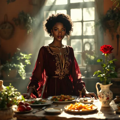 Prompt: In a sun-drenched, old-fashioned Middle Eastern kitchen, a poised black gentlewoman prepares to enjoy a small feast set before her on a rustic wooden table. The walls, painted in warm terracotta hues, are adorned with woven baskets and dried herbs, while sunlight pours in through a dusty window, casting soft, golden rays that illuminate her graceful figure. She wears a flowing, elegant dress, its deep burgundy folds highlighted by the light. Her expression is one of serene anticipation as she gently touches the vibrant array of fresh fruits, crusty bread, and fragrant cheeses. The faint sound of birds chirping outside adds a harmonious backdrop to this intimate setting. The scene captures a moment of calm luxury, perfect for a cinematic lighting style that enhances the warmth and texture of this serene culinary retreat.