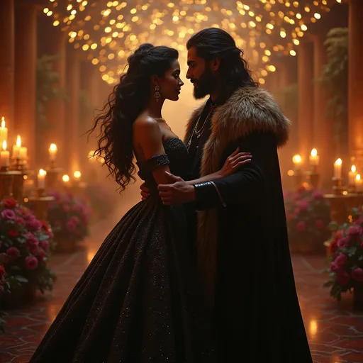 Prompt: A stunning black queen, adorned in an intricately beaded gown that shimmers like the night sky, dances gracefully with her devoted Northern King beneath a canopy of twinkling fairy lights. The atmosphere is electric, filled with warmth and joy as soft candlelight flickers around the grand hall, casting golden glows on the richly decorated walls. Surrounding them are lush floral arrangements in deep reds and purples, adding a regal touch to the scene. The queen's expression is one of serene joy, her flowing hair glowing against the gentle flames. The king, with his dark hair and beard and dressed in an elegant fur-lined cloak, gazes at her adoringly, their movements synchronized as if they are the very embodiment of love and unity. The scene is captured in a cinematic, fantastical and romantic style, emphasizing the deep emotions of this magical moment.