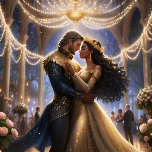 Prompt: A stunning black queen, adorned in an intricately beaded gown that shimmers like the night sky, dances gracefully with her devoted Northern King beneath a canopy of twinkling fairy lights. The atmosphere is electric, filled with warmth and joy as soft candlelight flickers around the grand hall, casting golden glows on the richly decorated walls. Surrounding them are lush floral arrangements in deep reds and purples, adding a regal touch to the scene. The queen's expression is one of serene joy, her flowing hair glowing against the gentle flames. The king, dressed in an elegant fur-lined cloak, gazes at her adoringly, their movements synchronized as if they are the very embodiment of love and unity. The scene is captured in a cinematic, romantic style, emphasizing the deep emotions of this magical moment.