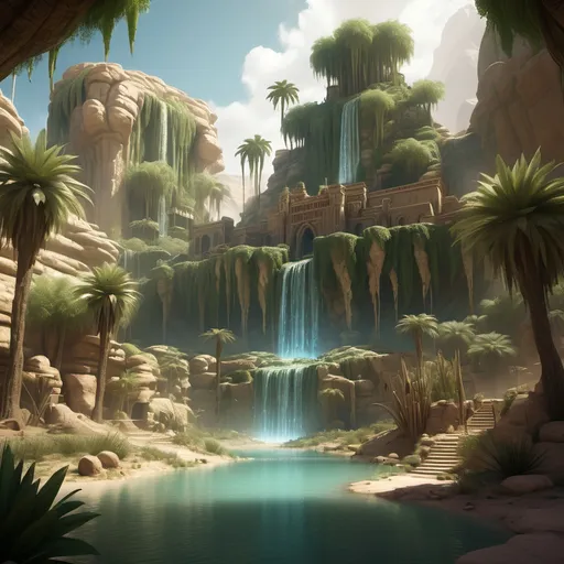 Prompt: Big kingdom, large desert oasis, water spring, waterfalls, trees, greenry, dramatic fantasy settlement scene, cinematic lighting