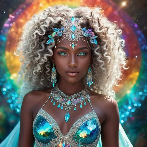 Prompt: (beautiful young woman), vibrant fantasy style, dark chocolate skin, luxurious white curly/coily hair, striking turquoise eyes. Rainbow crystal goddess, (ethereal figure), intricate crystal dress, surrounded by shimmering rainbow crystals, (glowing aura) radiating vibrant hues of light, (magical atmosphere) enchanting and uplifting, (intricate crystal details), surrounded by a celestial background, stars twinkling faintly, (vibrant colors), illuminated with soft glows, showcasing reflections and refractions of light, (highly detailed), spellbinding expression of grace and beauty.