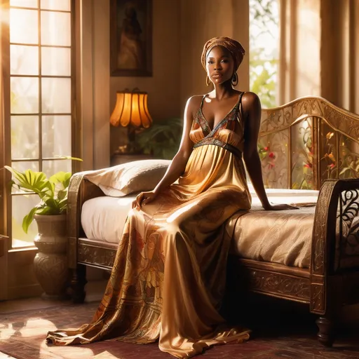 Prompt: An African princess awakens gracefully in her spacious opulent bedroom, her radiant skin glowing under the golden sunlight pouring through an ornate balcony. Soft rays highlight her elegant features and silk nightgown, casting warm patterns across richly textured fabrics and vibrant textiles adorning the room. Gentle morning light filters through lush greenery outside, creating a serene, regal atmosphere filled with warmth and tranquility. The scene is captured in a cinematic, photorealistic style that emphasizes the luminous quality of her skin and the luxurious details surrounding her, evoking a sense of peaceful elegance and regal splendor.