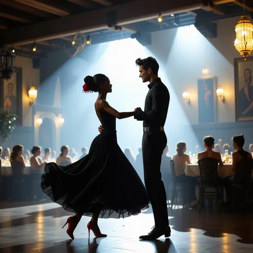 Prompt: A dashing Latino man with slick black hair dons a fitted black shirt and tailored slacks, exuding confidence as he leads a beautifully graceful black woman across the dance floor. She wears a matching black dress that flows elegantly around her as she moves, accentuated by her bold red heels and red rose in her hair. The dimly lit Argentinian-style club is alive with a warm, inviting atmosphere, where rustic wooden beams and vibrant murals hint at a rich cultural tapestry. Soft golden lights cast gentle shadows, illuminating the couple as they dance passionately, their eyes locked in a joyful connection. The vibrant sounds of the tango envelop them, transporting onlookers to a world of romance and rhythm. This scene captures the essence of life and dance in a cinematic, photorealistic style. 