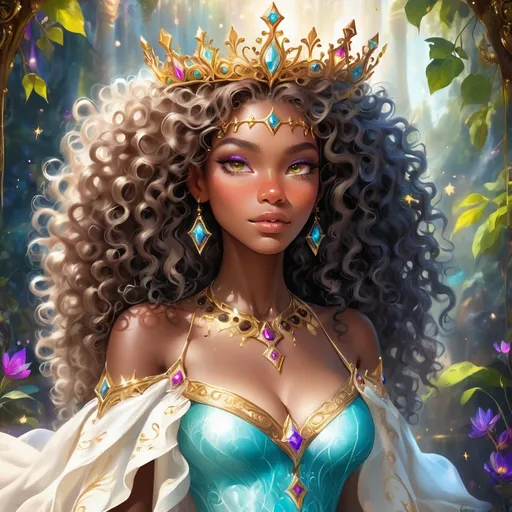 Prompt: (beautiful young black woman), vibrant fantasy style, full body, dark chocolate skin, luxurious white curly/coily hair, striking gold eyes, a crown, magical atmosphere, enchanting light, whimsical background filled with fantastical elements, lush colors, dreamy vibe, high depth, ultra-detailed, captivating and imaginative composition.