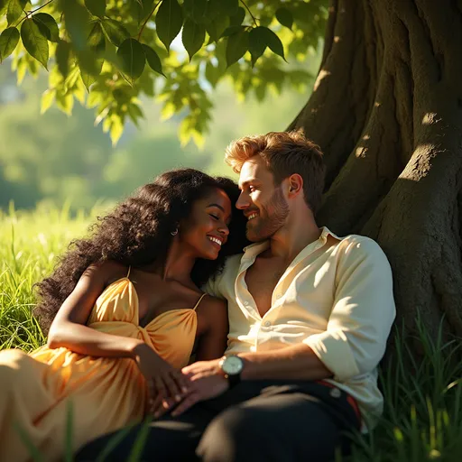 Prompt: A loving young couple lays under the shade of a tree. The gorgeous black woman wears a lightweight silk dress and the stunning blond man wore a white pirate shirt, black trousers. 