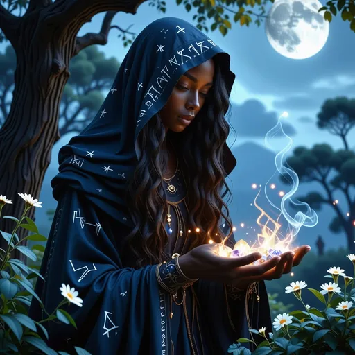 Prompt: In a mystical twilight setting, a beautiful black witch, draped in flowing celestial blue robes adorned with intricate silver runes that complements her radiant deep brown skin, gracefully tends to her enchanting witch garden. The air is thick with the scent of herbs and blooming nocturnal flowers, their petals shimmering under the soft glow of a crescent moon. Wisps of ethereal mist curl around her as she gently gathers glistening herbs and luminous crystals, their colors vibrant against the deep indigo sky. Her expressive face, framed by cascading, dark curls, displays a serene yet determined aura, hinting at the power she wields. In the background, ancient trees bend slightly, as though paying homage to her presence. The atmosphere is imbued with a sense of magic and quiet reverence, rendered in cinematic lighting and rich, vibrant colors that capture the enchanting essence of her world.