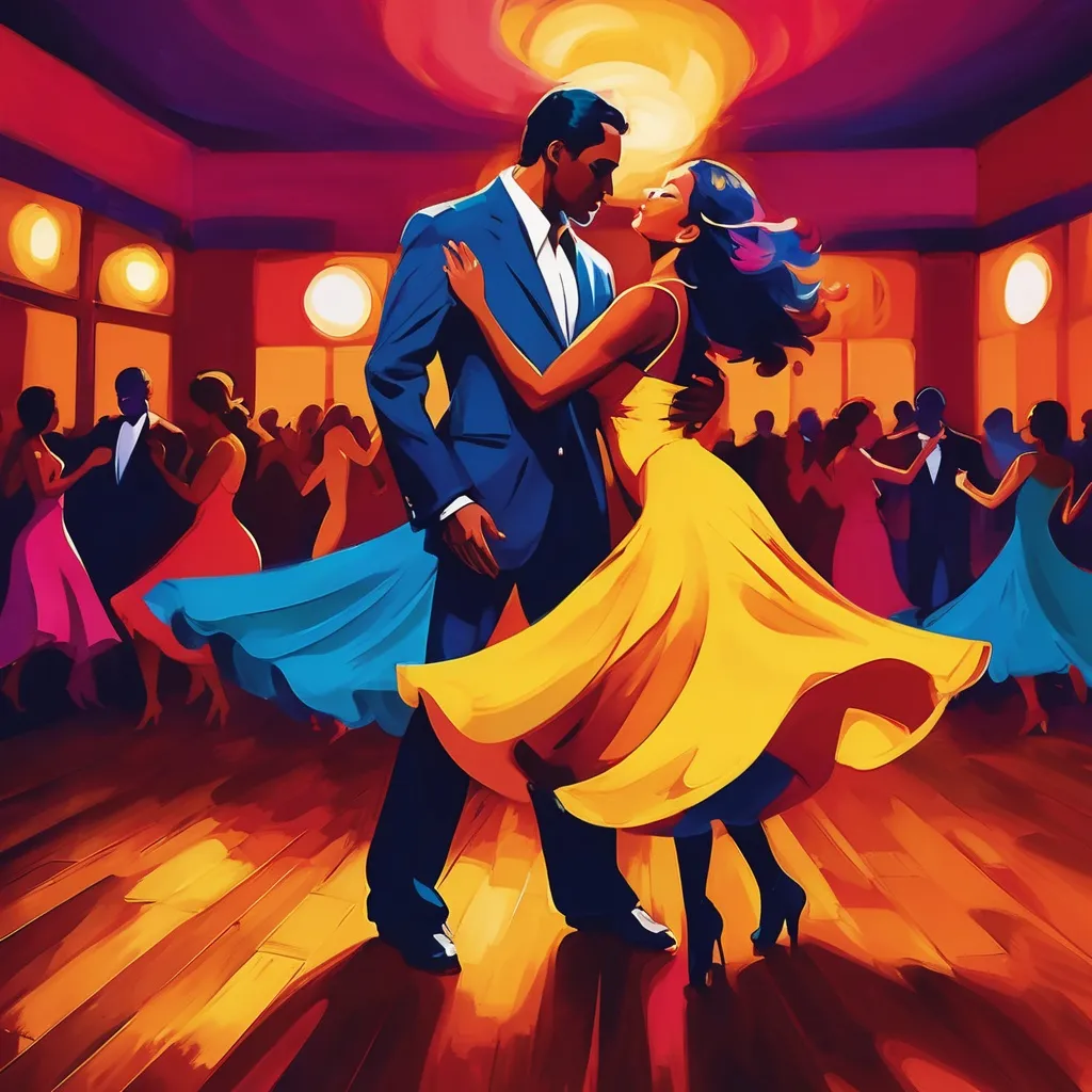 Prompt: Couples dancing in a Latin dance club. Women wearing dresses of different colors.