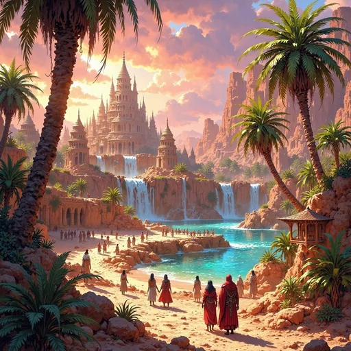 Prompt: Big kingdom, large desert oasis, water spring, waterfalls, trees, greenry, dramatic fantasy settlement scene, traveling caravan,  cinematic lighting