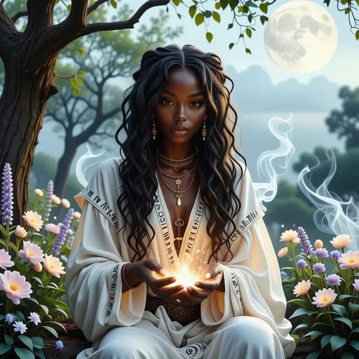 Prompt: In a mystical twilight setting, a beautiful black witch, draped in flowing white robes adorned with intricate silver runes that complements her radiant deep brown skin, gracefully tends to her enchanting witch garden. The air is thick with the scent of herbs and blooming nocturnal flowers, their petals shimmering under the soft glow of a crescent moon. Wisps of ethereal mist curl around her as she gently gathers glistening herbs and luminous crystals, their colors vibrant against the deep indigo sky. Her expressive face, framed by cascading, dark curls, displays a serene yet determined aura, hinting at the power she wields. In the background, ancient trees bend slightly, as though paying homage to her presence. The atmosphere is imbued with a sense of magic and quiet reverence, rendered in cinematic lighting and rich, vibrant colors that capture the enchanting essence of her world.