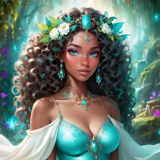 Prompt: (beautiful young black woman), vibrant fantasy style, dark chocolate skin, luxurious white curly/coily hair, striking turquoise eyes, a diadem, magical atmosphere, enchanting light, whimsical background filled with fantastical elements, lush colors, dreamy vibe, high depth, ultra-detailed, captivating and imaginative composition.