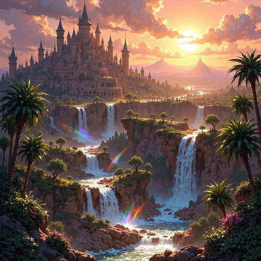 Prompt: A grand kingdom rises majestically on the horizon, nestled around a sprawling oasis within a vast, golden desert. The shimmering water spring cascades over natural rock formations, creating a series of stunning waterfalls that catch the light of the setting sun, casting rainbows through the mist. Lush greenery, including tall palm trees and vibrant flora, flourishes around the water, contrasting dramatically with the arid sands beyond. The cinematic lighting bathes the scene in warm hues of orange and deep purple, enhancing the magical atmosphere. In the distance, intricately designed towers and fortifications of the kingdom soar towards the sky, with silken banners fluttering gently in the cool evening breeze, evoking a sense of wonder and adventure in this fantasy settlement. 