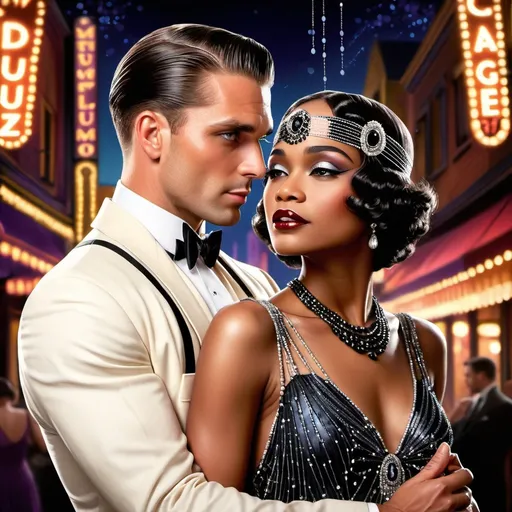 Prompt: Visualize a captivating romance novel cover set in the vibrant 1920s. A handsome man with slicked-back hair and a dapper suit holds a gorgeous black woman adorned in a luxurious flapper dress, accented with shimmering beads and feathers. Their eyes lock in a magnetic gaze, the connection palpable against the backdrop of a bustling jazz club filled with elegantly dressed patrons. Soft golden light bathes the scene, creating an inviting warmth, while a faint shimmer of sequins dances in the air. A saxophonist can be seen in the background, adding musical energy to the atmosphere. The overall style is reminiscent of vintage art deco illustrations, enhancing the timeless elegance of their romance.