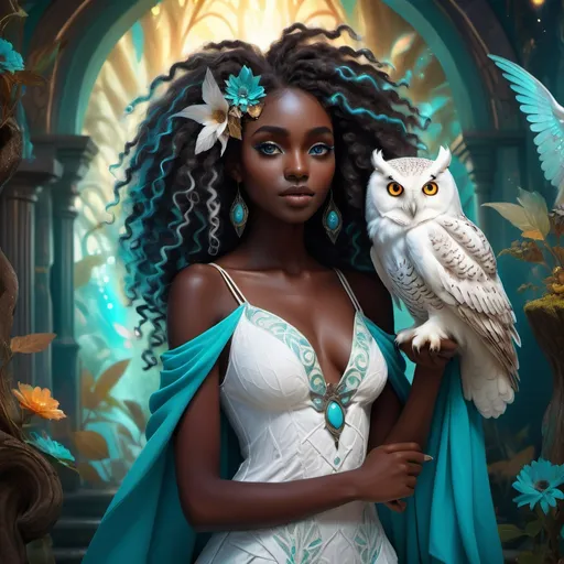 Prompt: (beautiful young black woman), full body, vibrant fantasy style, dark chocolate skin, luxurious white curly/coily hair, striking turquoise eyes, pet white owl, magical atmosphere, enchanting light, whimsical background filled with fantastical elements, lush colors, dreamy vibe, high depth, ultra-detailed, captivating and imaginative composition.