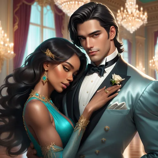 Prompt: A handsome Latino man in a grey tuxedo with slick black hair dancing with a beautiful black woman with long brown hair,  turquoise dress and silver heels in a Victorian style ballroom happily realistic 