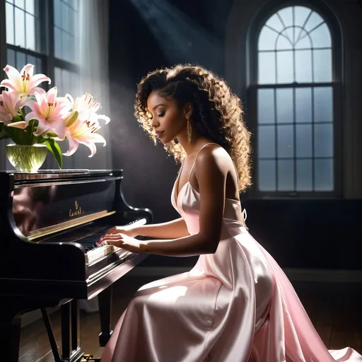 Prompt: In a very dark room a young, beautiful black woman wearing a white satin dress with thin straps and long curly hair craft into an elegant hairstyle sitting on a chair playing the piano. Next to her on a round table, there is a crystal vase with a bouquet of pink lilies. The dim gold light from a window softly illuminates her casting a moody atmosphere. Dust particles float in the air and the rainbow lights dancing on the walls from sunlight reflecting from the crystal vase adding to the ethereal ambiance