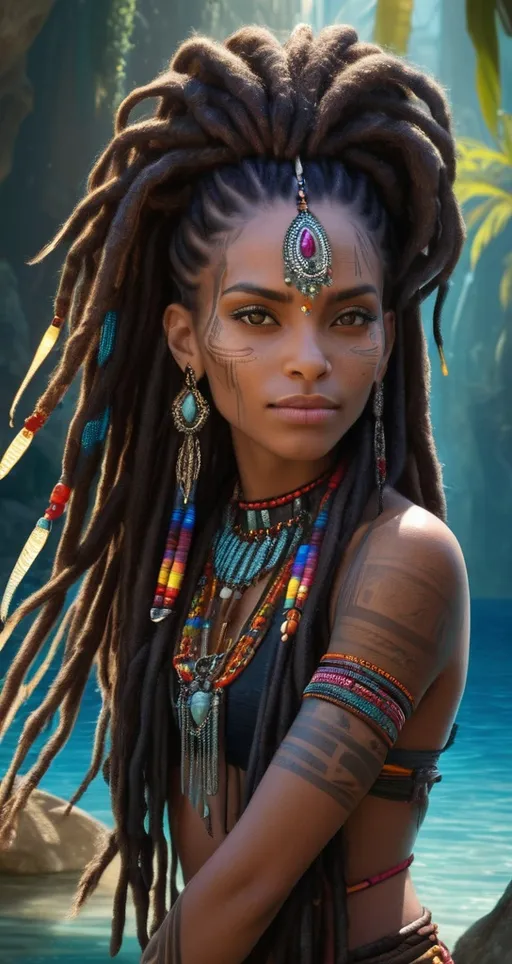 Prompt: Amidst a tranquil, sunlit environment, a striking woman emerges from crystal-clear waters, her presence enchanting and ethereal. Her long, dark dreadlocks cascade magnificently, adorned with colorful beads that reflect the rich heritage she embodies. Intricate tribal markings grace her face and shoulder, enhancing her captivating features, which are framed by large, statement earrings that catch the light. The background features lush foliage, suggesting a secluded oasis that amplifies the serene and mystical mood of the setting, while the soft, diffused lighting highlights the natural beauty and grace of her figure, evoking a sense of tranquility and connection to nature.