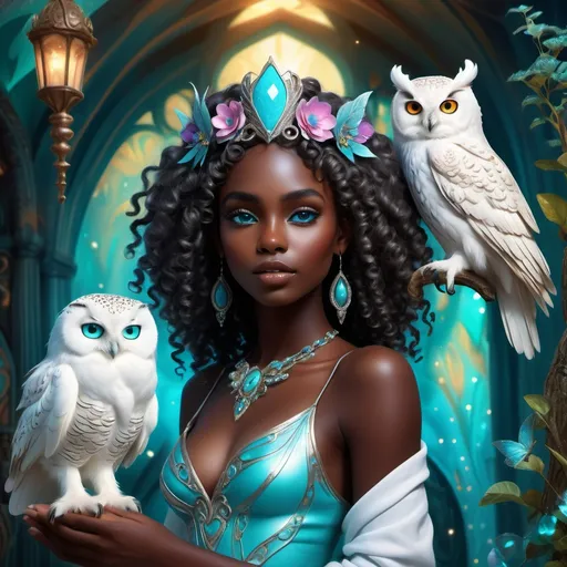 Prompt: (beautiful young black woman), full body, vibrant fantasy style, dark chocolate skin, luxurious white curly/coily hair, striking turquoise eyes, wearing a tiara, pet white owl, magical atmosphere, enchanting light, whimsical background filled with fantastical elements, lush colors, dreamy vibe, high depth, ultra-detailed, captivating and imaginative composition.