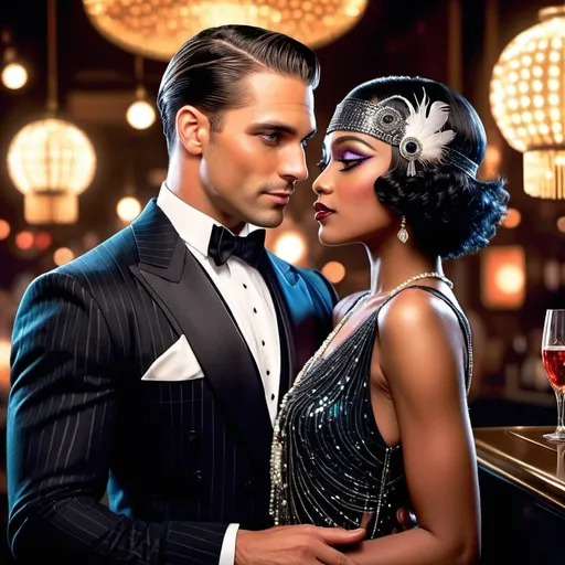 Prompt: Romance novel style book cover with a handsome man holding a gorgeous black woman, 1920s style outfits and background. Interracial couple.