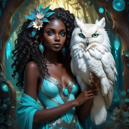 Prompt: (beautiful young black woman), full body, vibrant fantasy style, dark chocolate skin, luxurious white curly/coily hair, striking turquoise eyes, pet white owl, pet black wolf, magical atmosphere, enchanting light, whimsical background filled with fantastical elements, lush colors, dreamy vibe, high depth, ultra-detailed, captivating and imaginative composition.