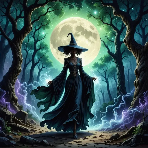 Prompt: In a mystical scene, a beautiful black witch steps gracefully through a shimmering, ethereal portal that vibrates with iridescent colors—emerald greens and deep purples swirling like an enchanting nebula. The backdrop is a moonlit forest, where ancient trees loom overhead, their branches heavy with glimmering dew and dark, velvety shadows. As she emerges, her flowing ebony robes swirl around her like a cascade of night, and her expressive eyes reflect wonder and power. Wisps of magical energy trail behind her, fracturing the air with flickering light. The atmosphere is charged with enchantment, the air humming softly with the whispers of the arcane. Suggest a dreamy watercolor illustration style that captures the fluidity and magic of the moment.