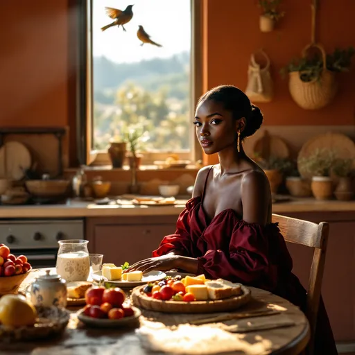 Prompt: In a sun-drenched, old-fashioned Mediterranean kitchen, a poised black gentlewoman prepares to enjoy a small feast set before her on a rustic wooden table. The walls, painted in warm terracotta hues, are adorned with woven baskets and dried herbs, while sunlight pours in through a dusty window, casting soft, golden rays that illuminate her graceful figure. She wears a flowing, elegant dress, its deep burgundy folds highlighted by the light. Her expression is one of serene anticipation as she gently touches the vibrant array of fresh fruits, crusty bread, and fragrant cheeses. The faint sound of birds chirping outside adds a harmonious backdrop to this intimate setting. The scene captures a moment of calm luxury, perfect for a cinematic lighting style that enhances the warmth and texture of this serene culinary retreat.