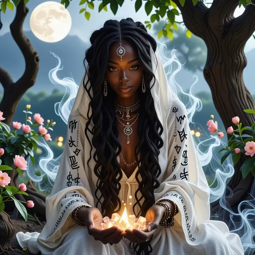 Prompt: In a mystical twilight setting, a beautiful black witch, draped in flowing white robes adorned with intricate silver runes that complements her radiant deep brown skin, gracefully tends to her enchanting witch garden. The air is thick with the scent of herbs and blooming nocturnal flowers, their petals shimmering under the soft glow of a crescent moon. Wisps of ethereal mist curl around her as she gently gathers glistening herbs and luminous crystals, their colors vibrant against the deep indigo sky. Her expressive face, framed by cascading, dark curls, displays a serene yet determined aura, hinting at the power she wields. In the background, ancient trees bend slightly, as though paying homage to her presence. The atmosphere is imbued with a sense of magic and quiet reverence, rendered in cinematic lighting and rich, vibrant colors that capture the enchanting essence of her world.
