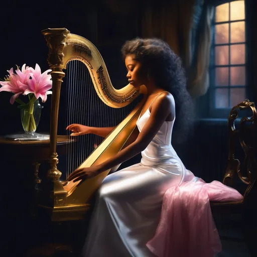 Prompt: In a very dark room a young, beautiful black woman wearing a white satin dress with thin straps and long curly hair craft into an elegant hairstyle sitting on a chair playing the harp. Next to her on a round table, there is a crystal vase with a bouquet of pink lilies. The dim gold light from a window softly illuminates her casting a moody atmosphere. Dust particles float in the air and the rainbow lights dancing on the walls from sunlight reflecting from the crystal vase adding to the ethereal ambiance
