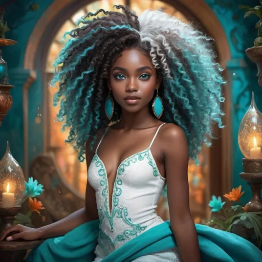 Prompt: (beautiful young black woman), vibrant fantasy style, dark chocolate skin, luxurious white curly/coily hair, striking turquoise eyes, full body, magical atmosphere, enchanting light, whimsical background filled with fantastical elements, lush colors, dreamy vibe, high depth, ultra-detailed, captivating and imaginative composition.