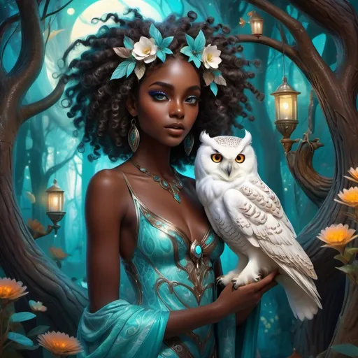 Prompt: (beautiful young black woman), full body, vibrant fantasy style, dark chocolate skin, luxurious white curly/coily hair, striking turquoise eyes, pet white owl, magical atmosphere, enchanting light, whimsical background filled with fantastical elements, lush colors, dreamy vibe, high depth, ultra-detailed, captivating and imaginative composition.