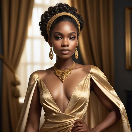 Prompt: Rich golden fabric drapes elegantly around the shoulders of a striking black woman, highlighting her graceful neckline. Her skin glows with a radiant warmth, providing a beautiful contrast to the intricate patterns of her textured gown. Cascading curls frame her face, enhancing her confident yet serene expression, while delicate gold jewelry glints softly against her complexion, drawing attention to her delicate features. The background, a muted earthy tone, emphasizes her presence and contributes to a feeling of timeless elegance and beauty. This image captures a moment of poise and grace, as if telling a story of cultural heritage and strength.