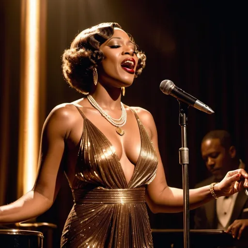 Prompt: A soulful black jazz singer, dressed in a luxurious 1920s style bronze dress, gold jewelry and a white lily in her fingerwaved hair, stands confidently center stage at the microphone, her voice pouring out like honey as she sings her heart out in a dimly lit, smoke-filled club, the air thick with the scent of cigarette smoke and whiskey, reminiscent of the iconic styles of Erté, Gustav Klimt, and Hopper, with bold, expressive brushstrokes and a muted, film noir-inspired color palette. The overall style is reminiscent of vintage art deco illustrations, enhancing the timeless elegance of their romance.