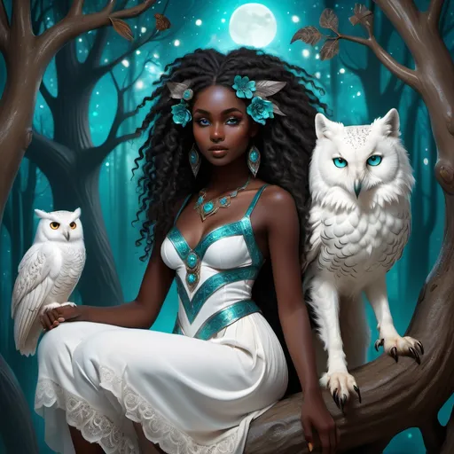 Prompt: (beautiful young black woman), full body, vibrant fantasy style, dark chocolate skin, luxurious white curly/coily hair, striking turquoise eyes, pet white owl, pet black wolf, magical atmosphere, enchanting light, whimsical background filled with fantastical elements, lush colors, dreamy vibe, high depth, ultra-detailed, captivating and imaginative composition.